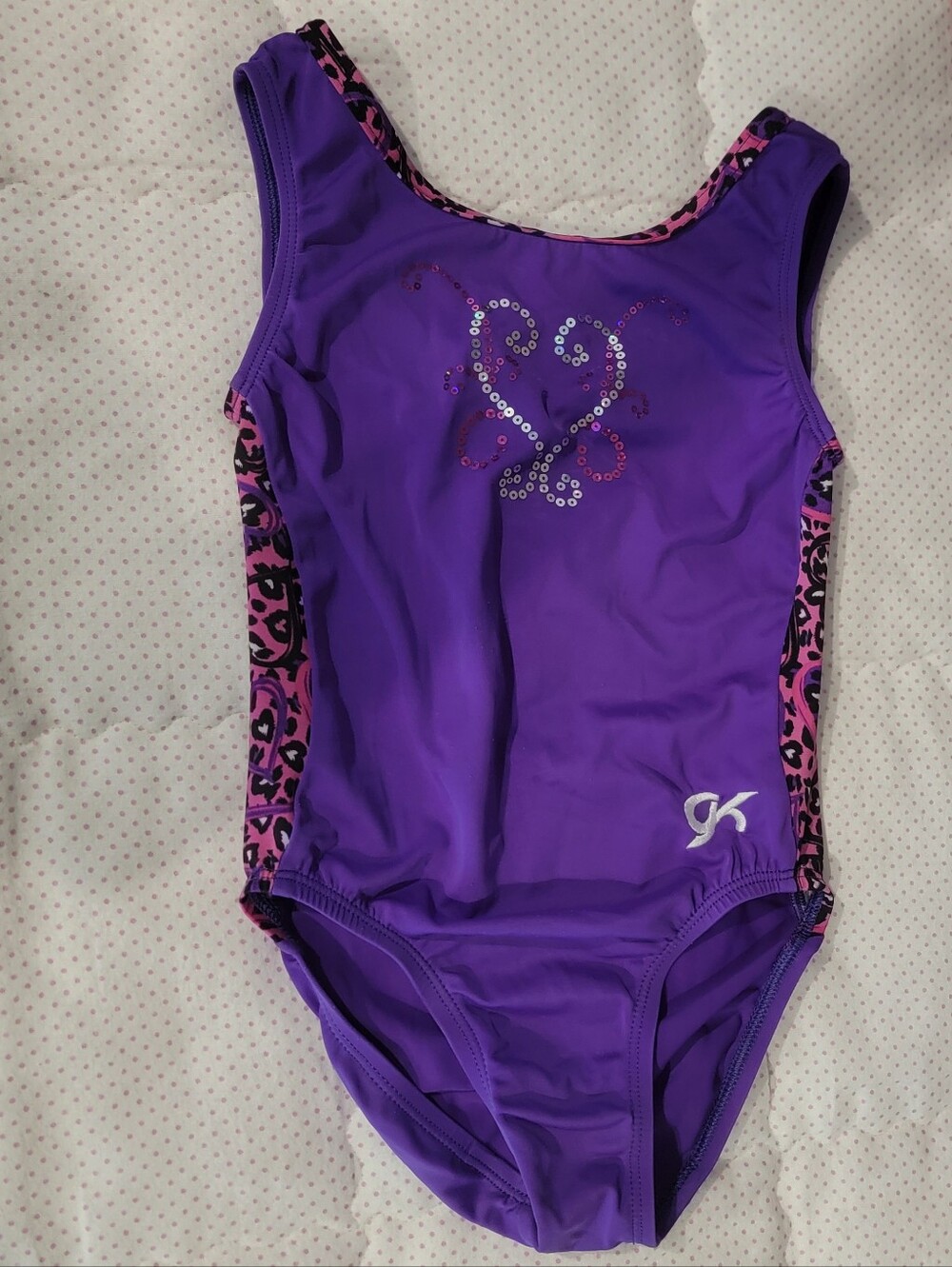 GK Elite Purple Pink Leopard Sequin Gymnastics Leotard Child Medium CM